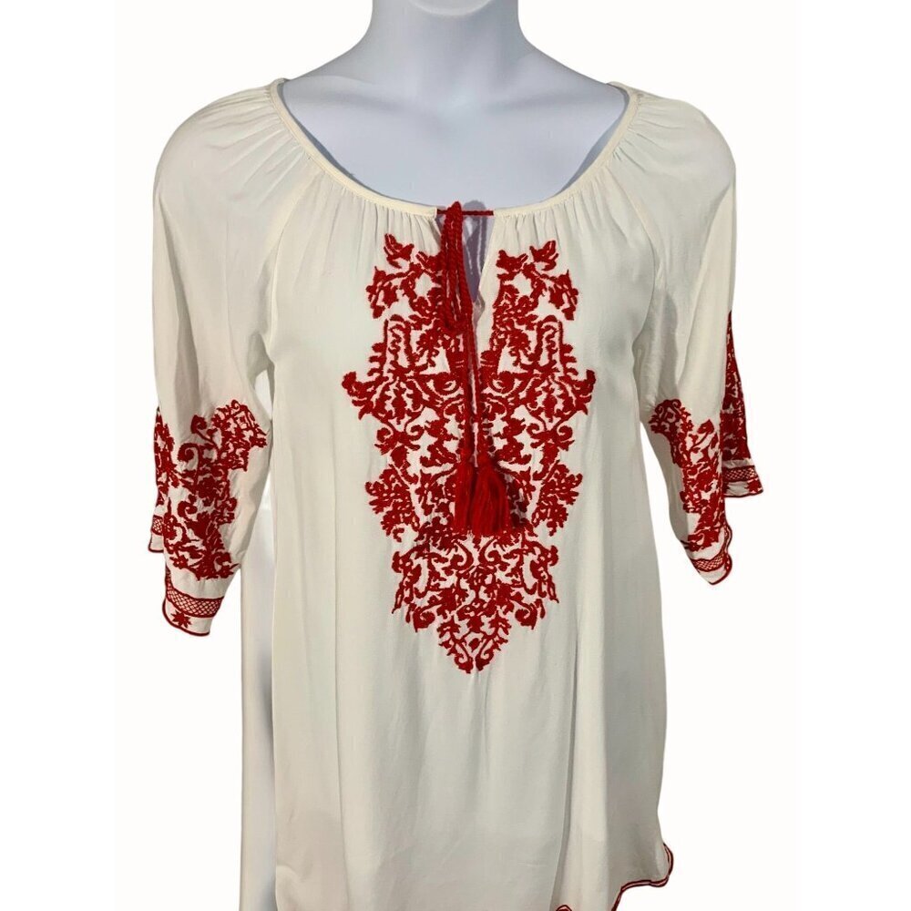 Chic Connection Woman Bohemian Peasant Mini Tunic Dress Embroidery Keyhole Small
